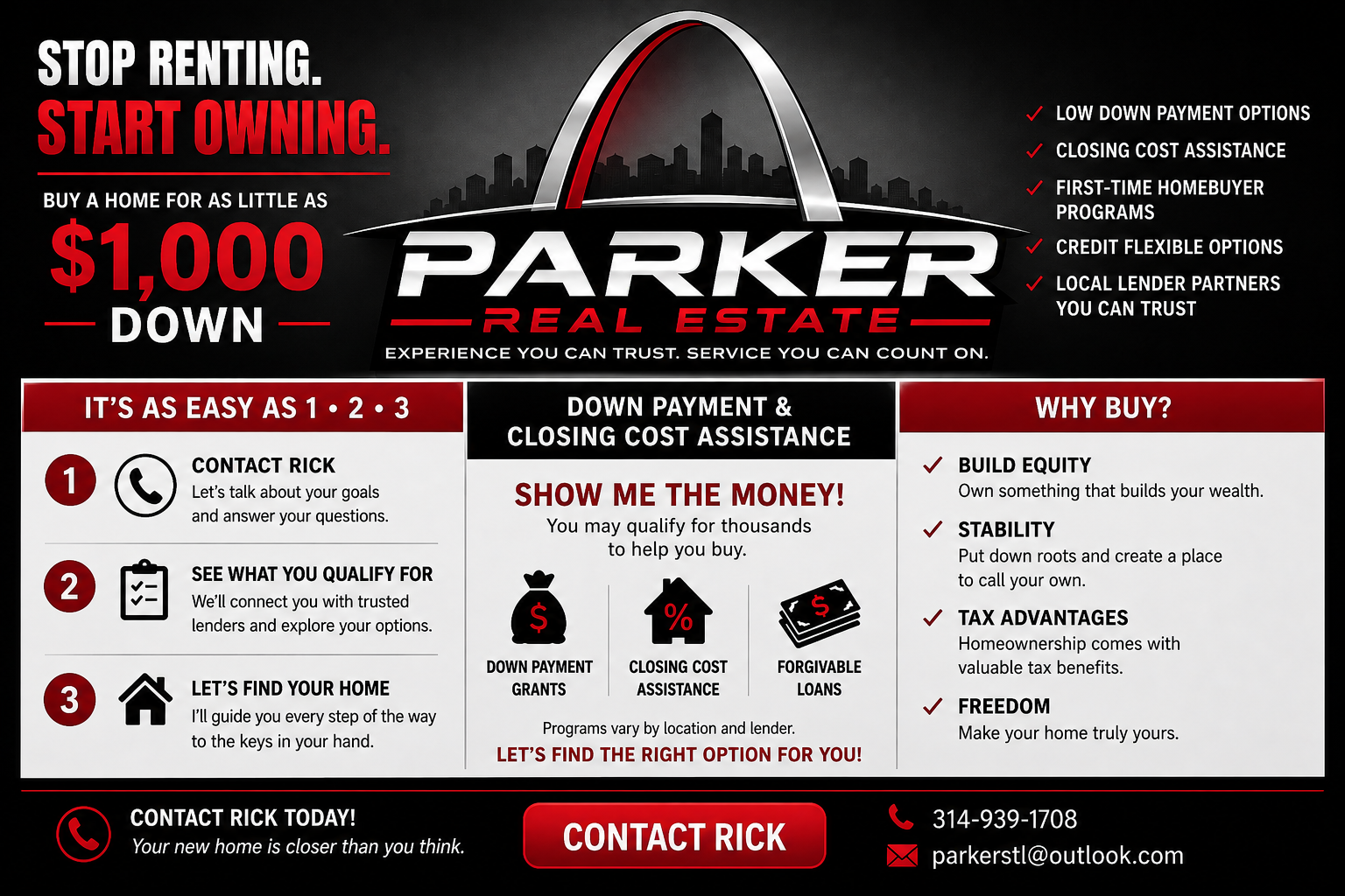 Stop renting, start owning. Buy a home for as little as one thousand dollars down with Parker Real Estate