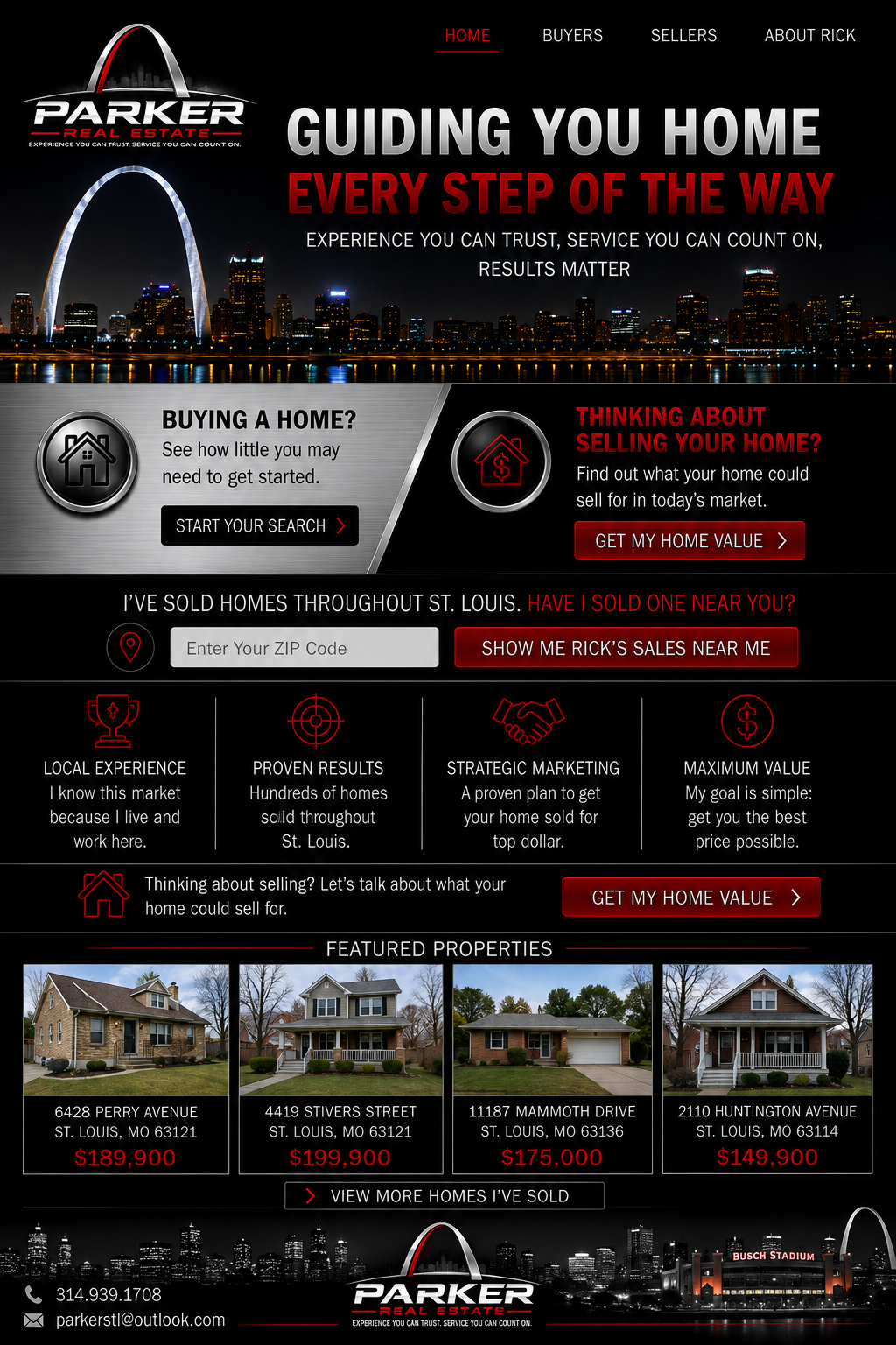 Parker Real Estate home page: Guiding you home every step of the way, buyer and seller services, local experience and featured St. Louis properties